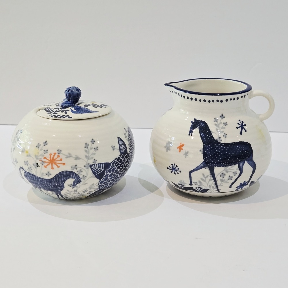 Anthropologie Saga Sugar Bowl No Spoon With Lid  Chip On The Lid & Creamer
